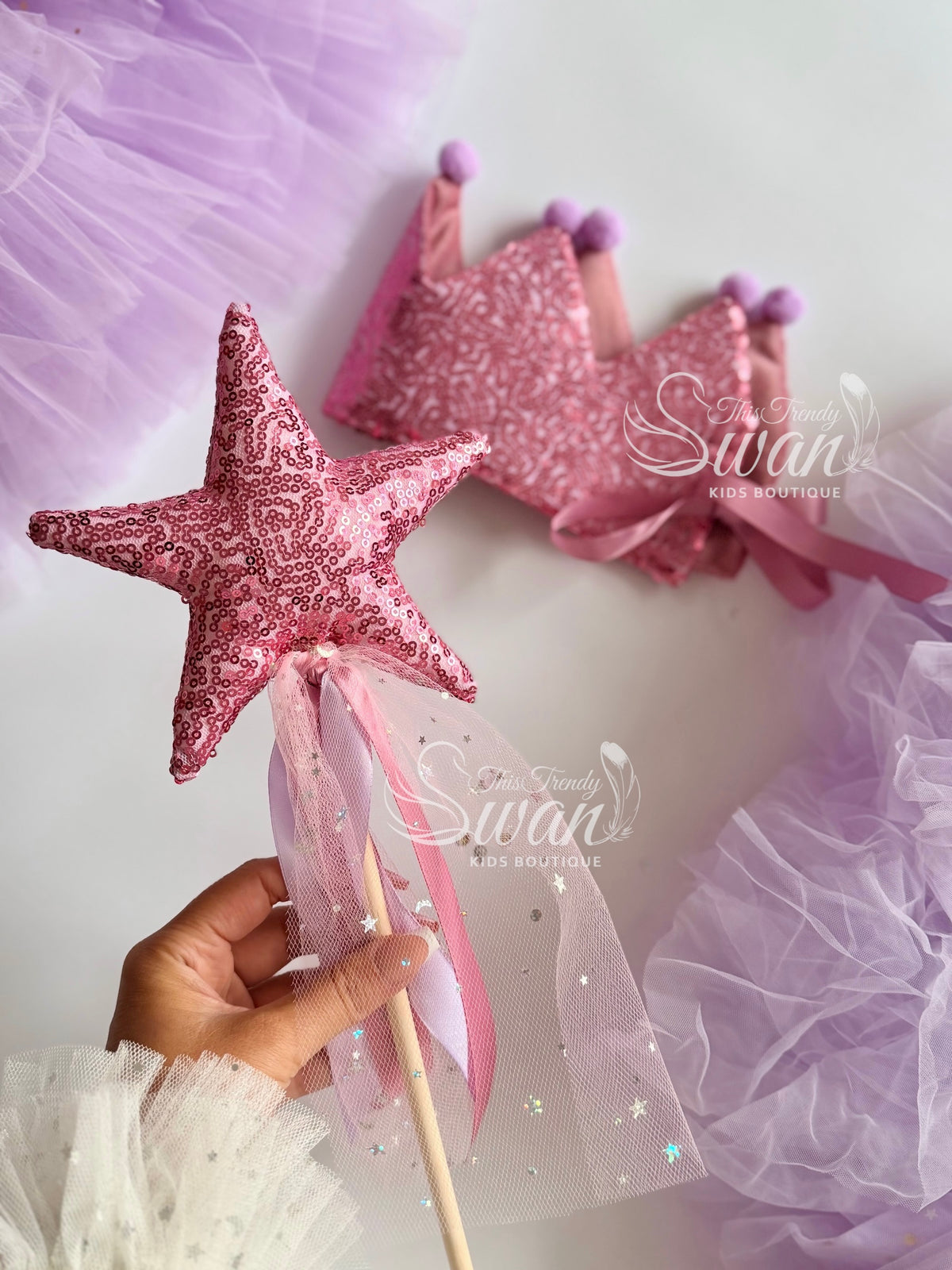 Sequin Crown & Wand - Pink/Lilac pom poms