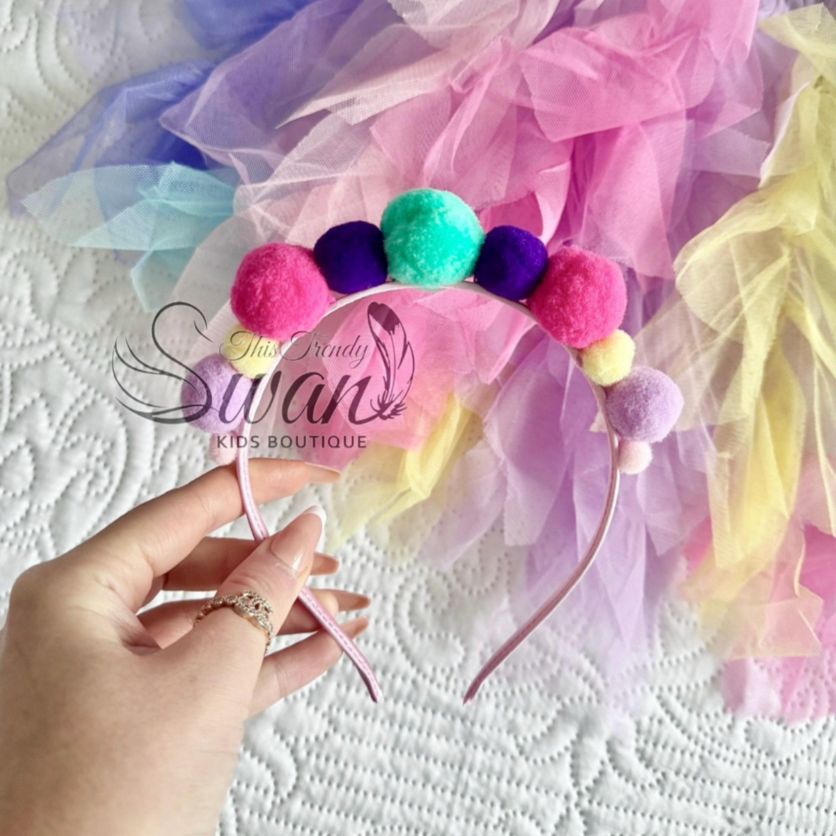 Pom-pom Headband/ Pink & Turquoise