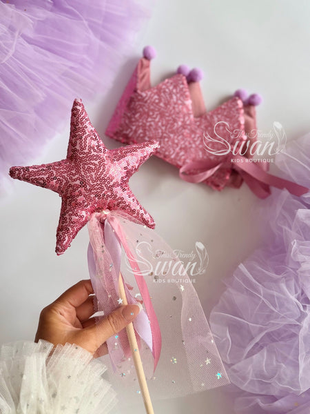 Sequin Crown & Wand - Pink/Lilac pom poms
