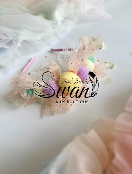 Pompom Headband -Pastel Rainbow
