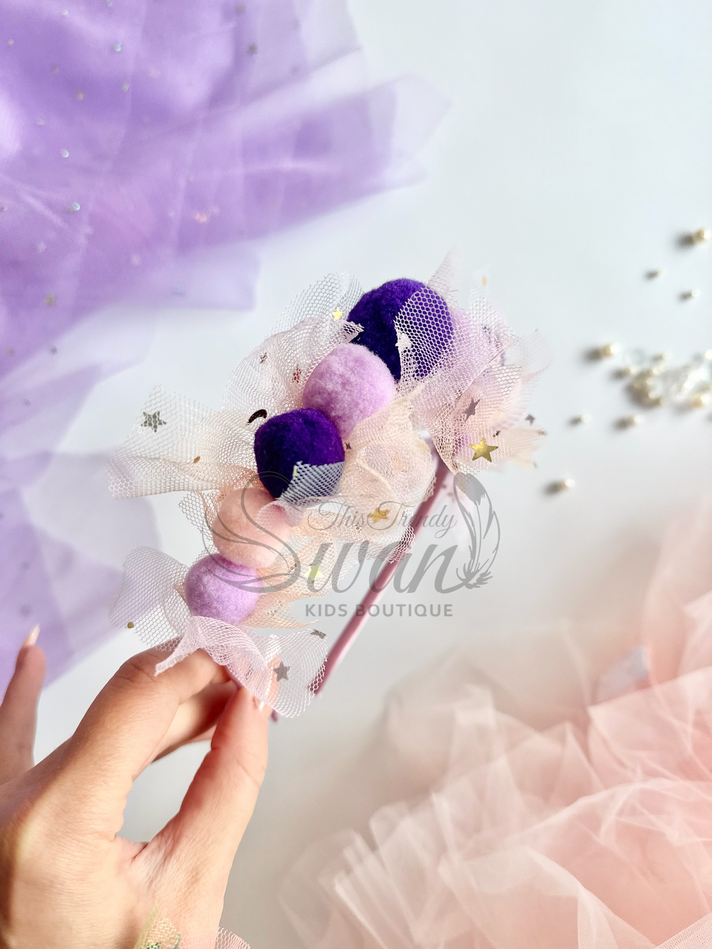 Pom-pom Headband -Purple/Lilac