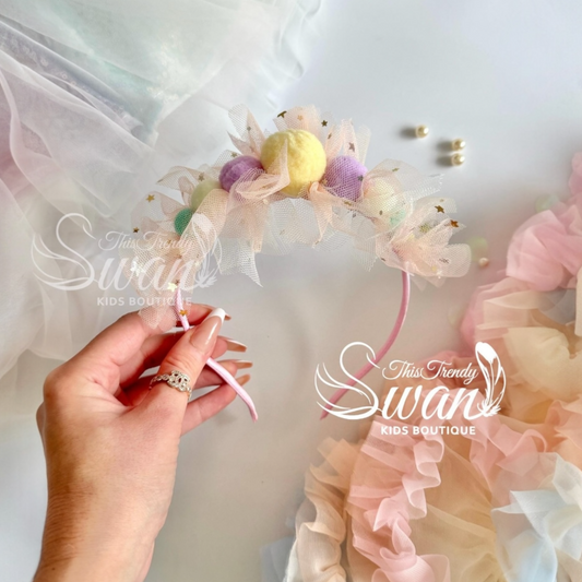 Pom-pom Headband -Pastel Rainbow
