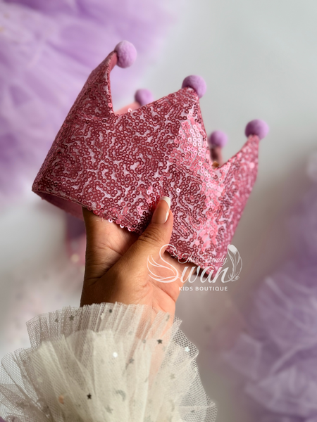 Sequin Crown & Wand - Pink/Lilac pom poms