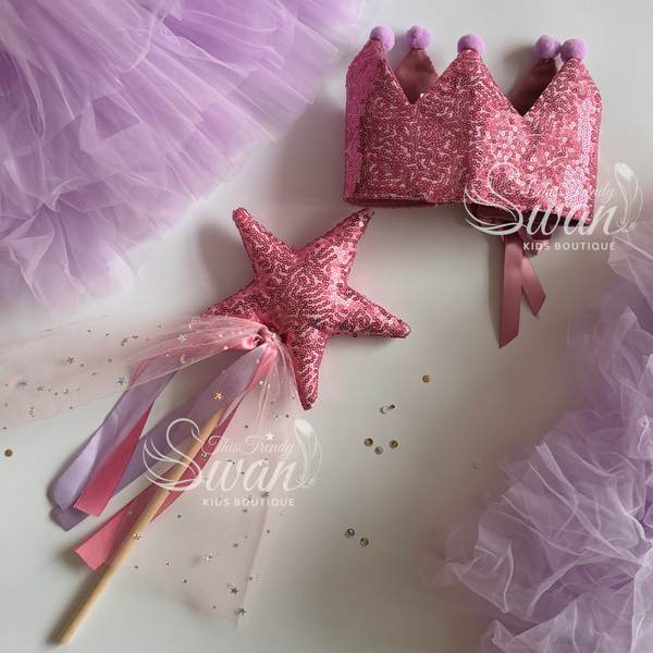 Sequin Crown & Wand - Pink/Lilac pom poms