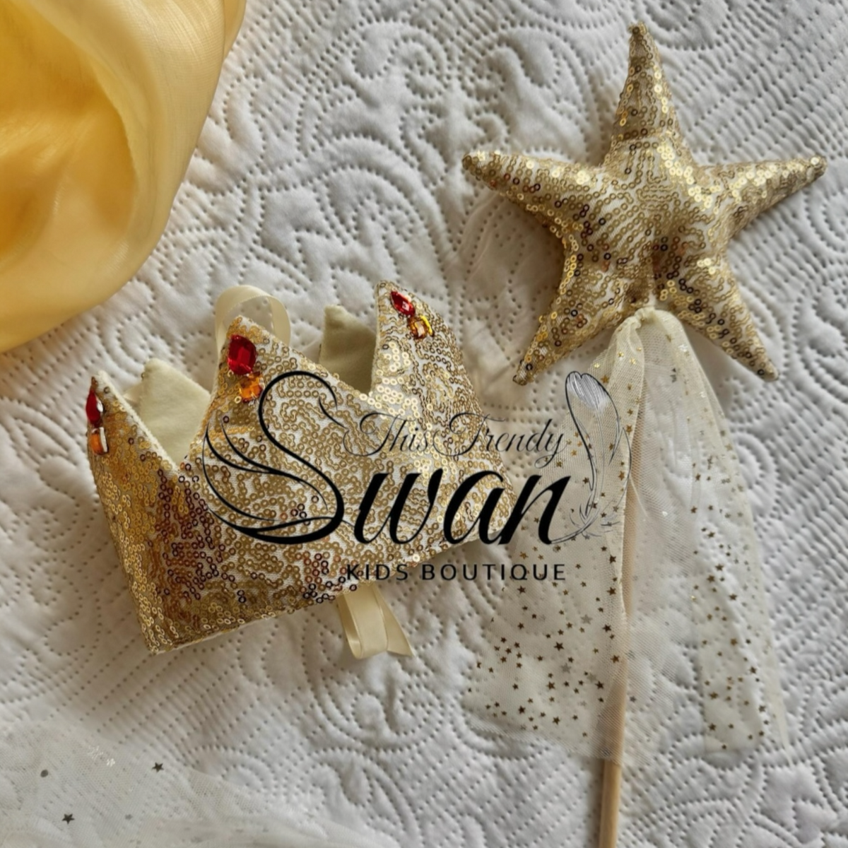 Gold Sequin Crown & Wand/Red, Yellow Gems