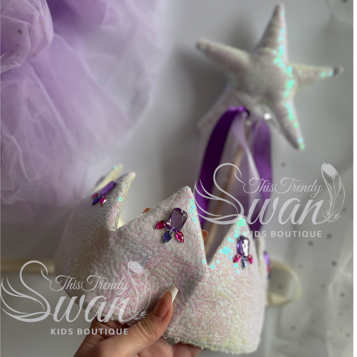 Sequin Crown & Wand -Irisescent/Purple Gems